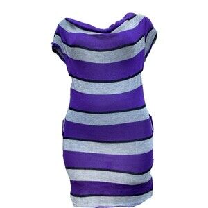 DEB Purple Gray Stripe Cowl Neck Short Sleeve Sweater Knit Shirt Jrs Size Large